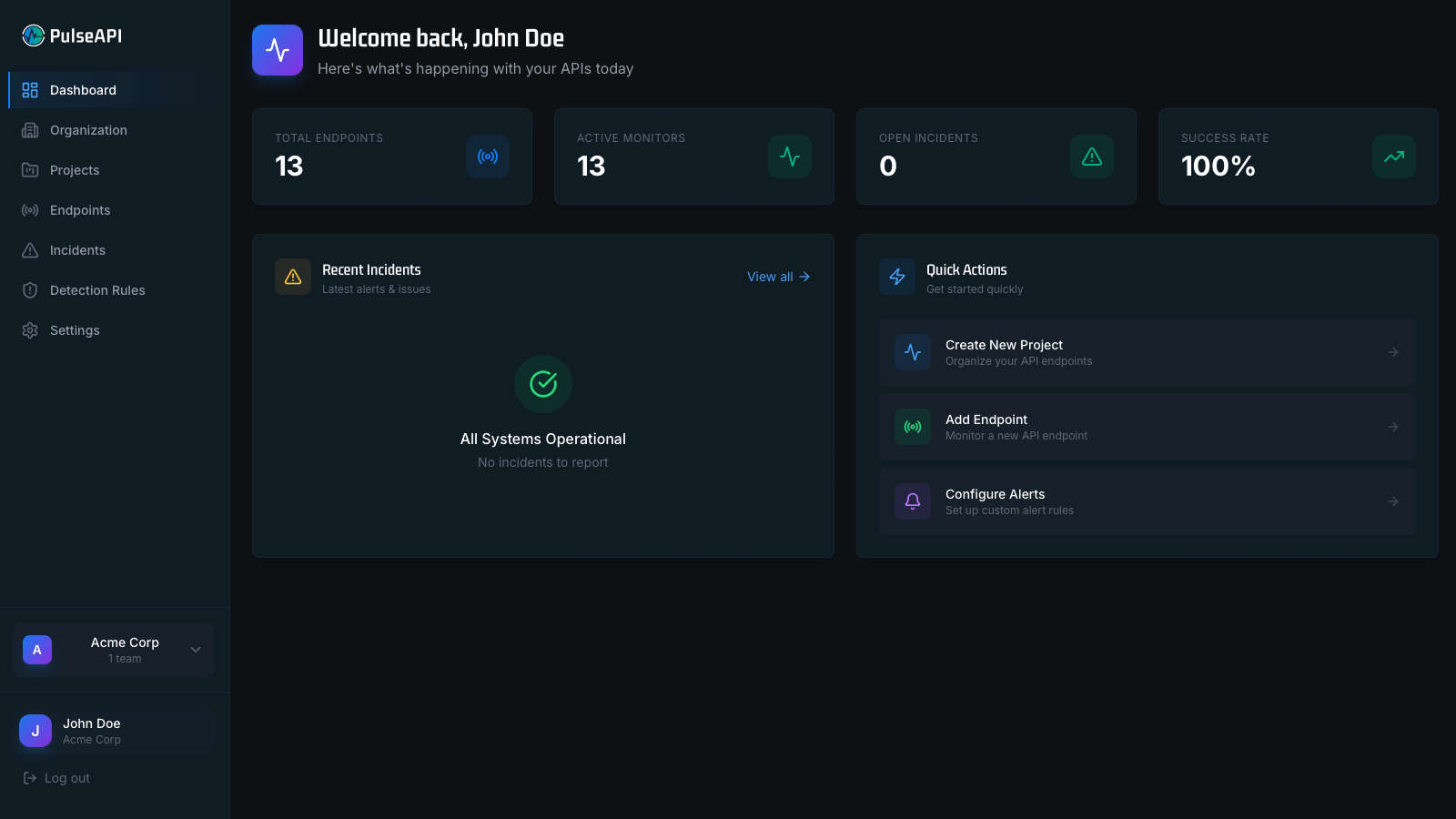 PulseAPI dashboard showing endpoint health, response times, and uptime statistics