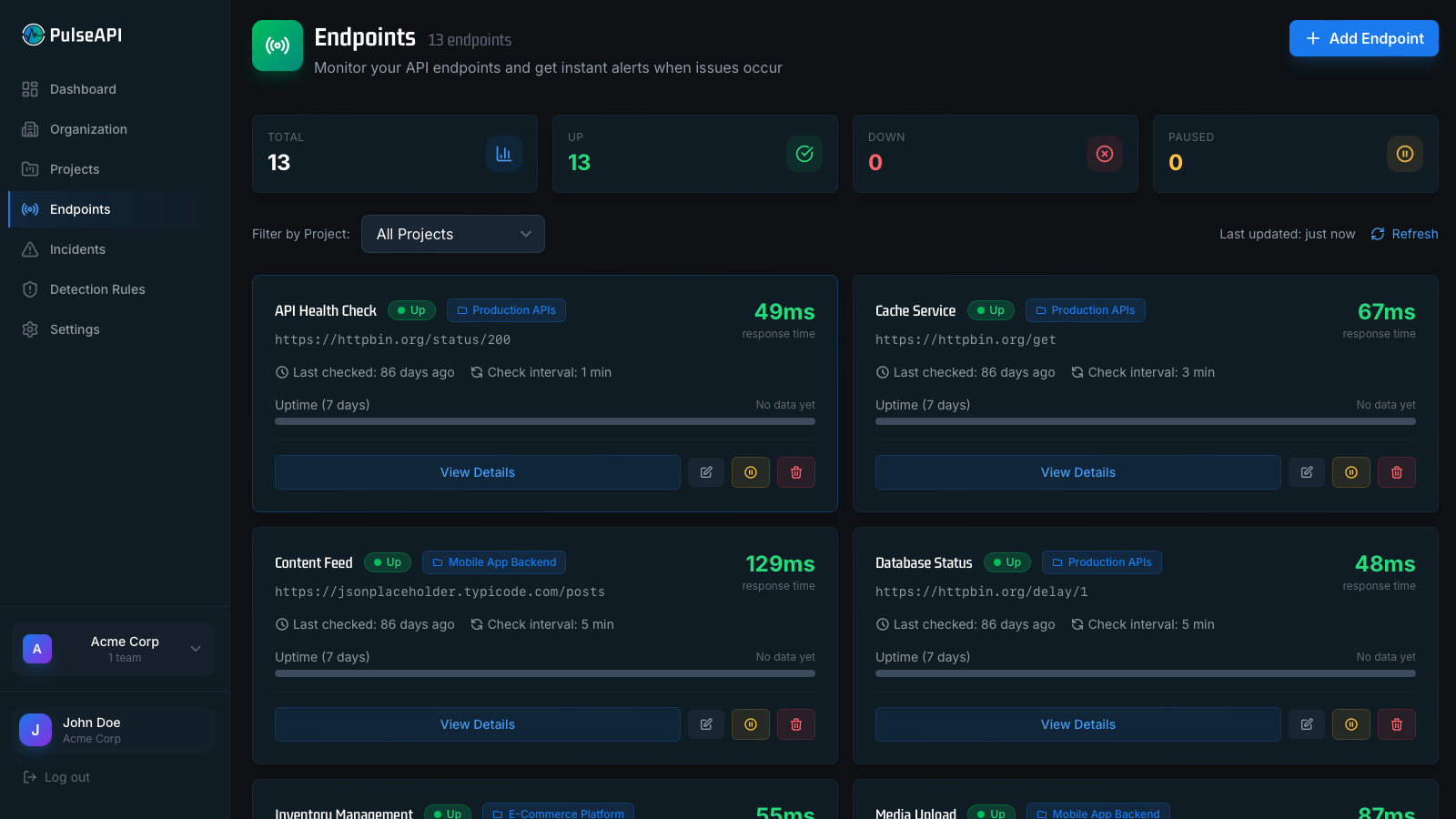 PulseAPI dependency map showing service relationships and cascading failures